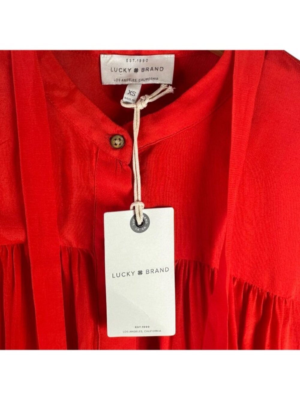 Lucky Brand NWT Red Tie Neck Viscose Blouse Women's XS Long Sleeve Boho Office - Picture 5 of 6